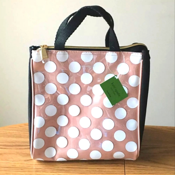 Kate Spade New York CLEAR-COATED Pink White Jumbo Dot Insulated Lunch Tote Bag - Picture 3 of 11